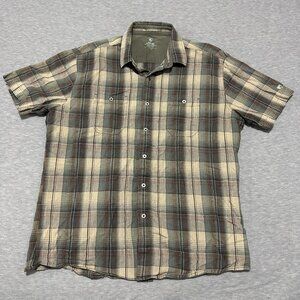 Kuhl Shirt Mens XL Beige Linen Cotton Blend Plaid Button Up Short Sleeve Hiking